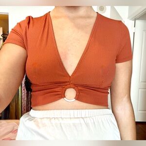 Bershka Orange Ribbed Crop Top with Cut Out